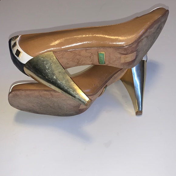 L.A.M.B. Tan Patent Leather Pumps with Gold Accents - Women’s Size 9.5 - Picture 6 of 9